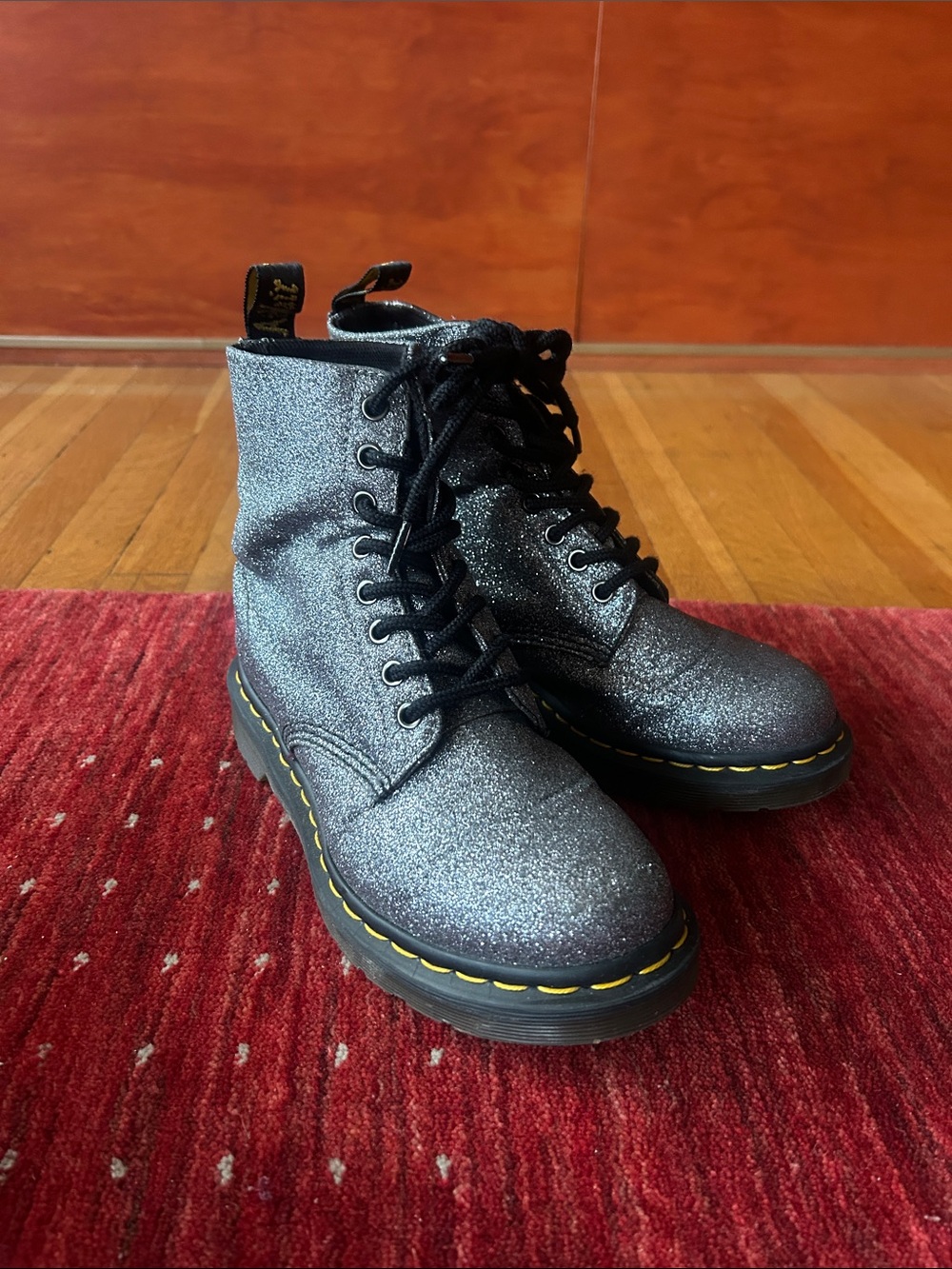 Dr. Martens Silver Glitter Lace-Up Combat Boots